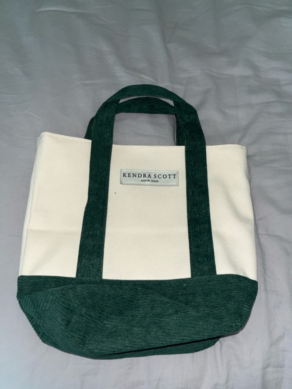 Kendra Scott Cream Canvas Tote with Dark Green Trim